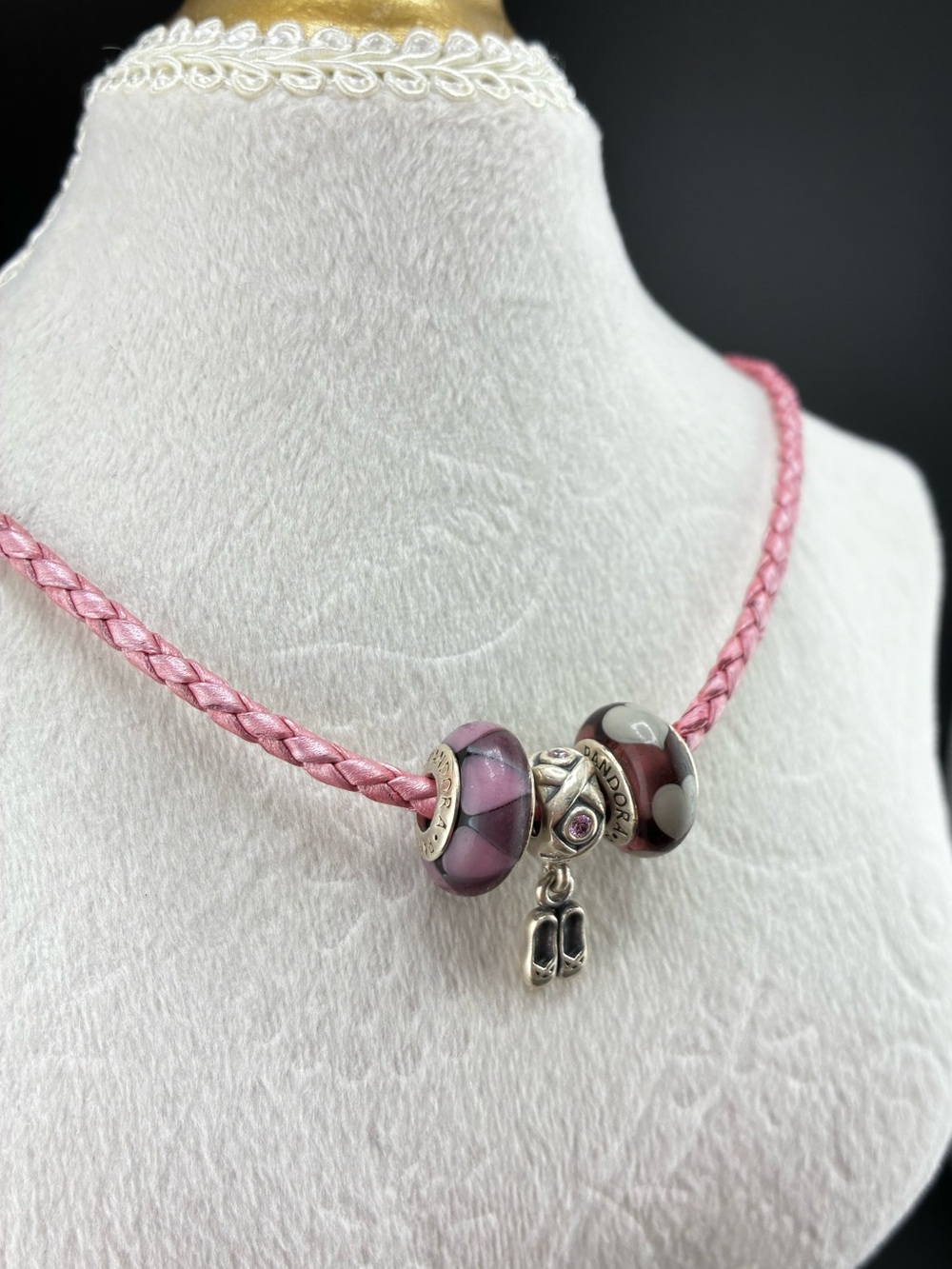 Pandora Pink Braided Necklace with pink/purple Bead Charms and Ballet slippers - Picture 3 of 14